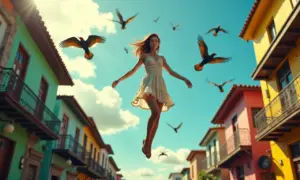 Mulher flutuando em paisagem surreal com relógios derretidos e pássaros exóticos no Brasil.