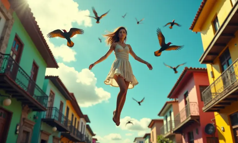 Mulher flutuando em paisagem surreal com relógios derretidos e pássaros exóticos no Brasil.