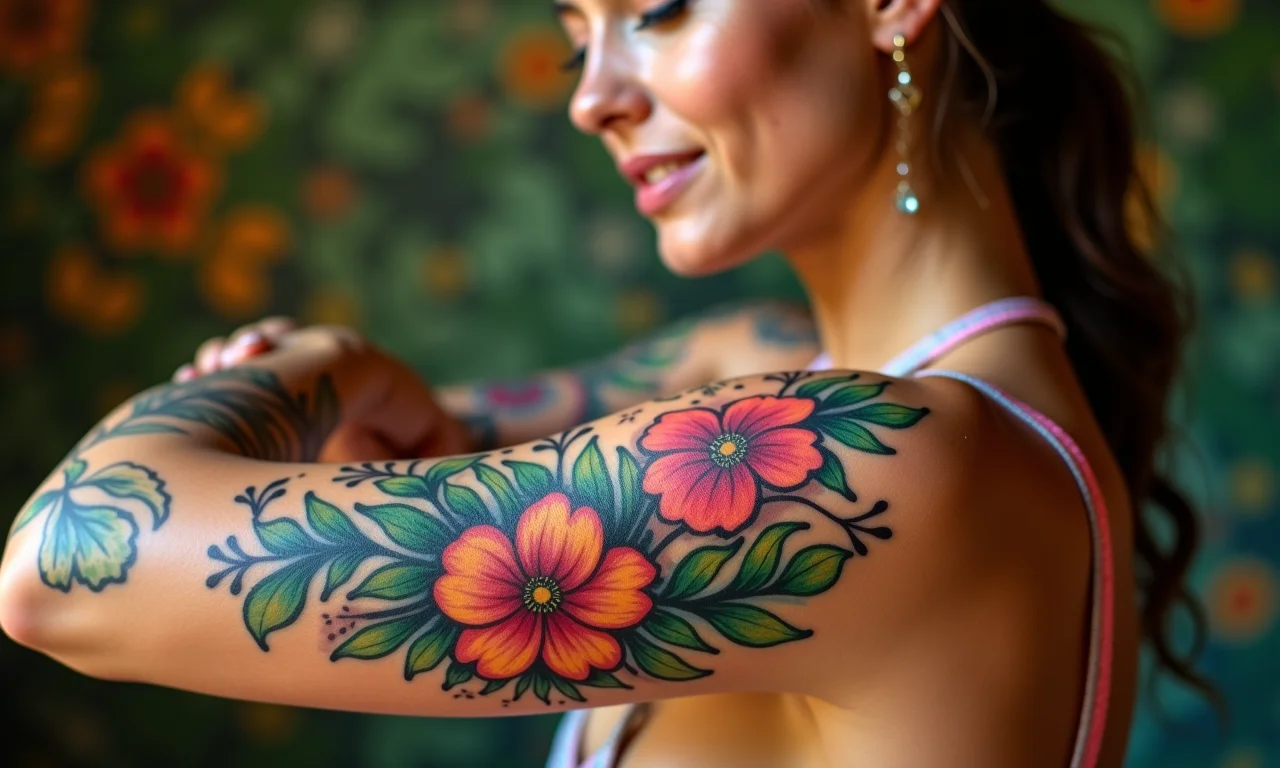 Mulher hidratando tatuagem colorida no braço com loção.