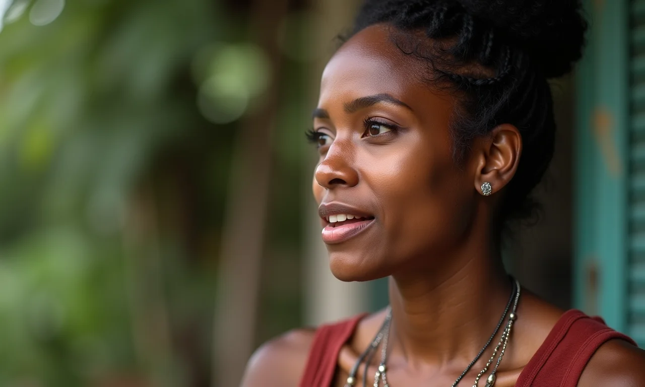 Mulher indígena brasileira falando sua língua nativa com influência sutil do português.