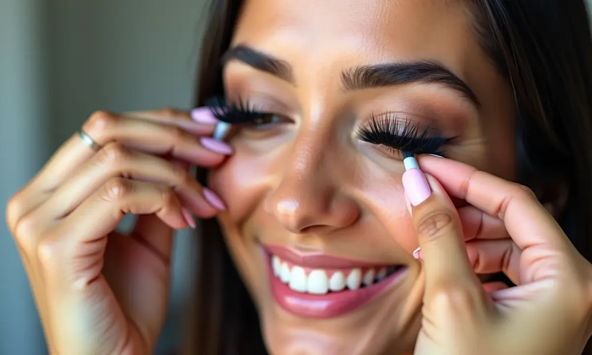 Mulher latina sorrindo aplica cílios postiços com diferentes colas.