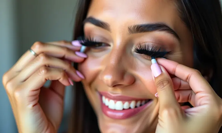 Mulher latina sorrindo aplica cílios postiços com diferentes colas.