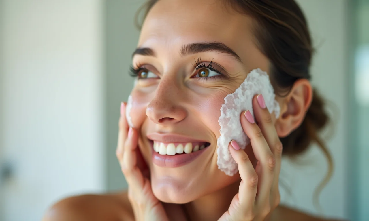 Mulher lavando o rosto suavemente com um gel de limpeza facial em um banheiro iluminado.