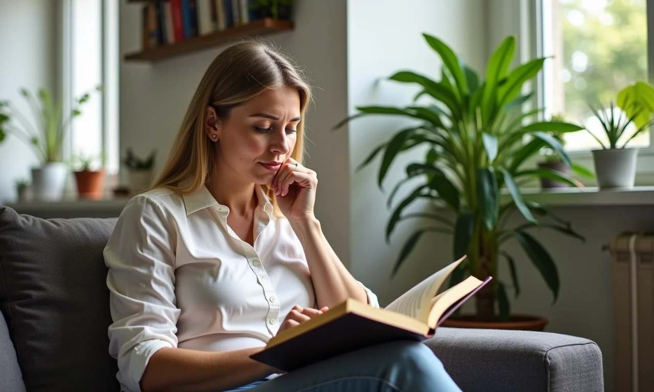 Mulher lendo livro sobre intolerância ao glúten, em apartamento brasileiro iluminado e com plantas.