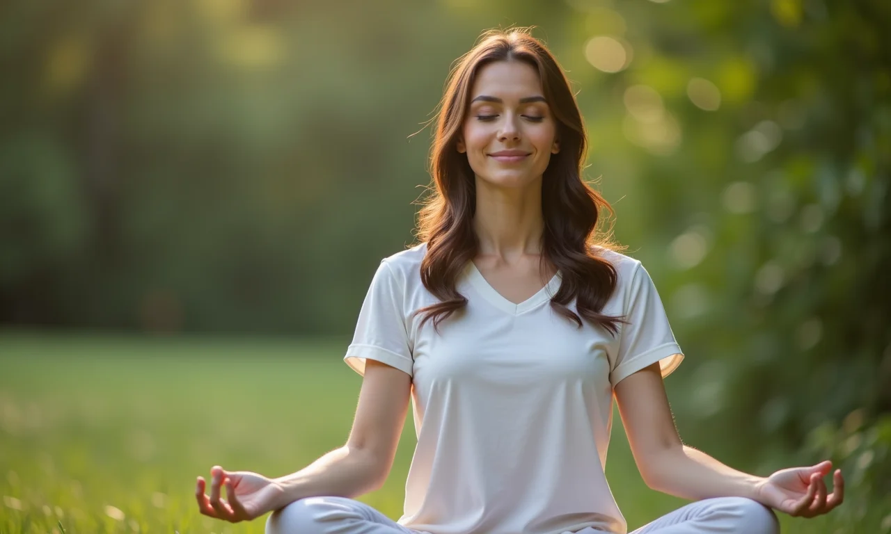 Mulher meditando ao ar livre, buscando relaxamento e alÃvio da dor.