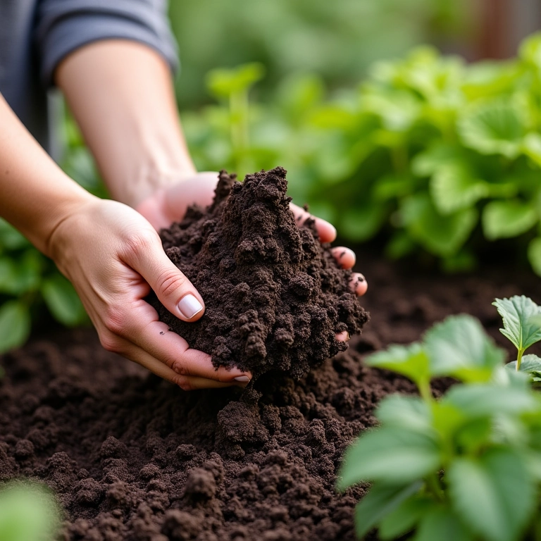 Mulher misturando composto orgânico à terra, nutrindo as plantas de forma natural.