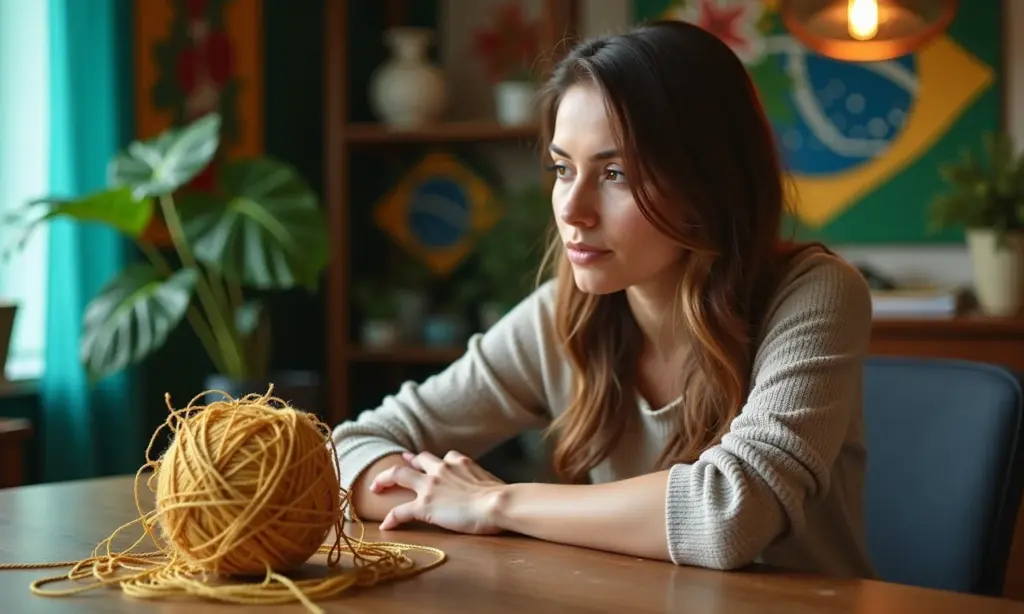 Crenças limitantes sobre dinheiro: Identifique as suas Mulher pensativa olhando para um novelo de linha emaranhado, simbolizando crenças limitantes sobre dinheiro.