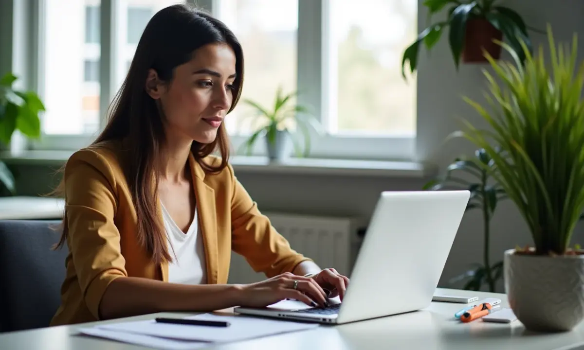 Mulher pesquisando sobre isenção de taxas MEI em um laptop.