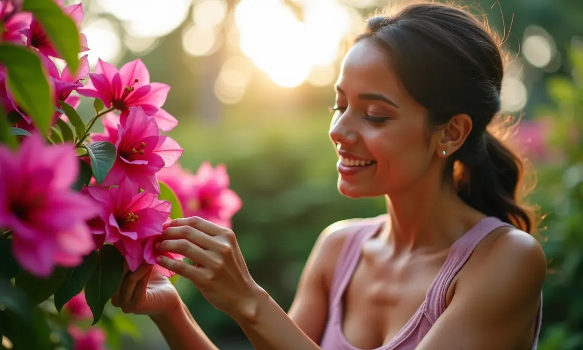 Mulher podando bougainvillea em jardim ensolarado, com foco na beleza das flores.