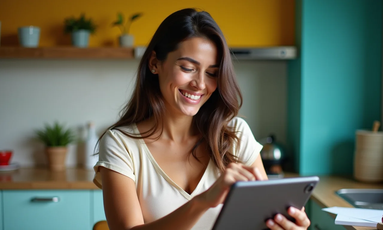 Mulher preenche declaração anual do MEI (DASN-SIMEI) em tablet.
