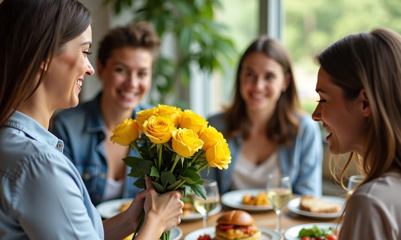 Mulher presenteando com rosas amarelas em um brunch casual.