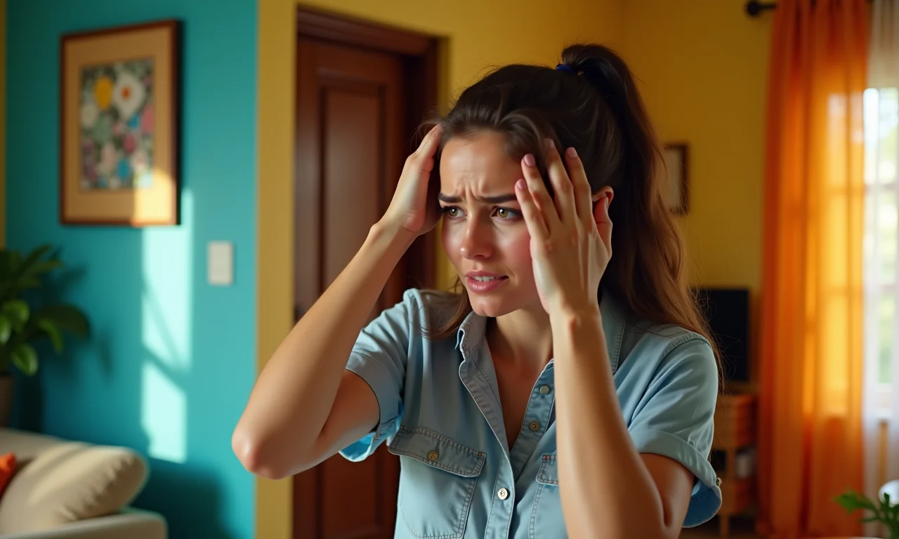 Mulher procurando chaves em apartamento colorido, representando esquecimento frequente.