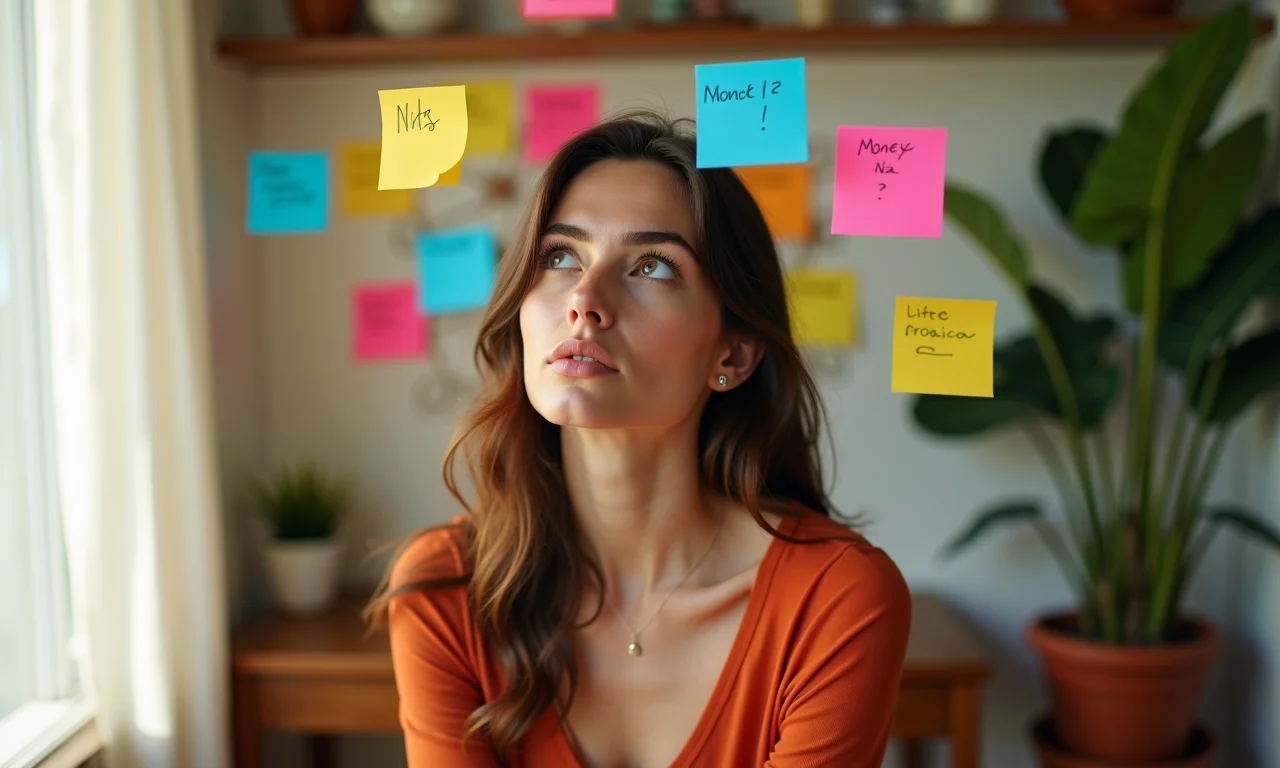 Mulher questionando pensamentos negativos sobre dinheiro escritos em notas adesivas.