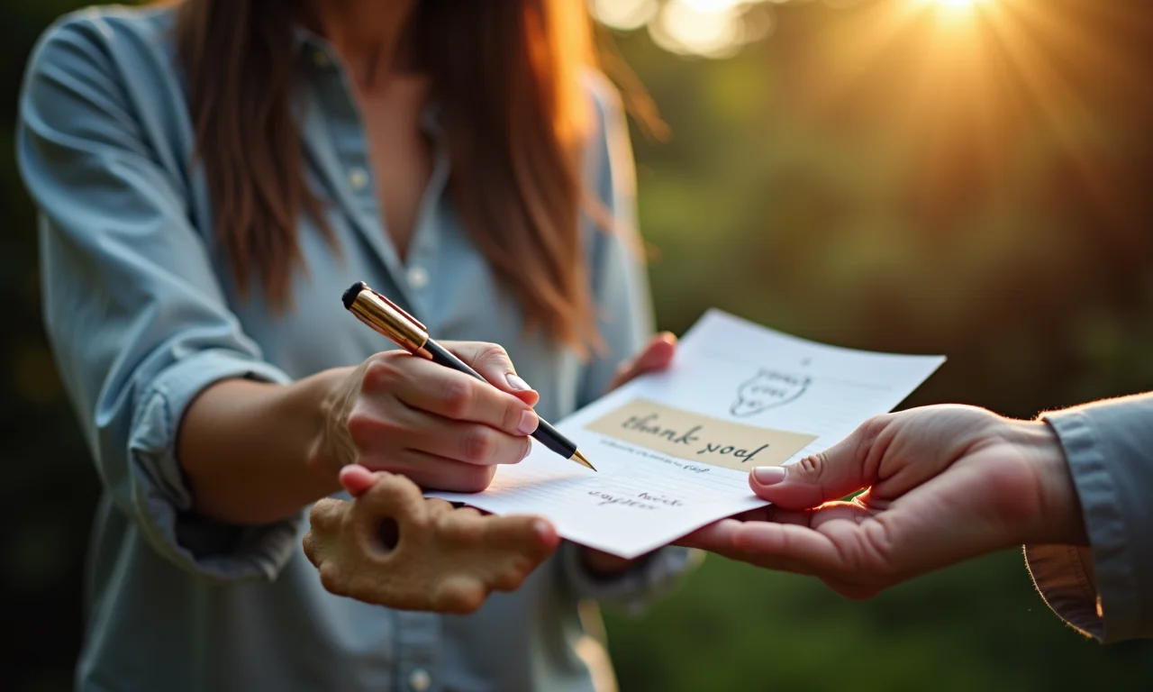 Mulher recebendo presente personalizado e nota de agradecimento escrita à mão.