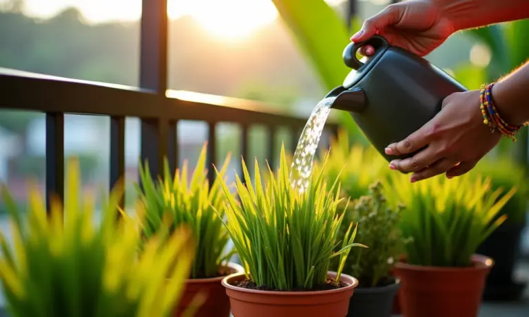 Mulher regando plantas com água de arroz em varanda ensolarada.