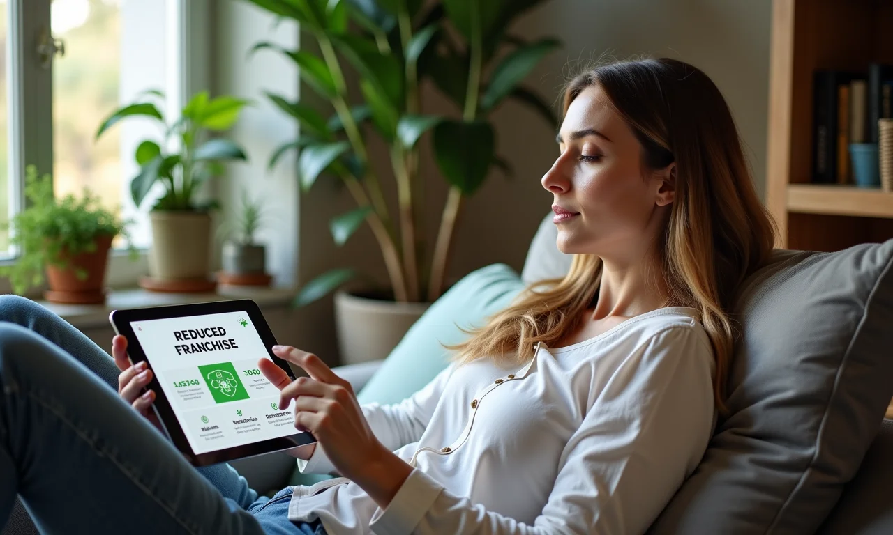 Mulher relaxando em casa, analisando informações sobre 'Franquia Reduzida' em um tablet.