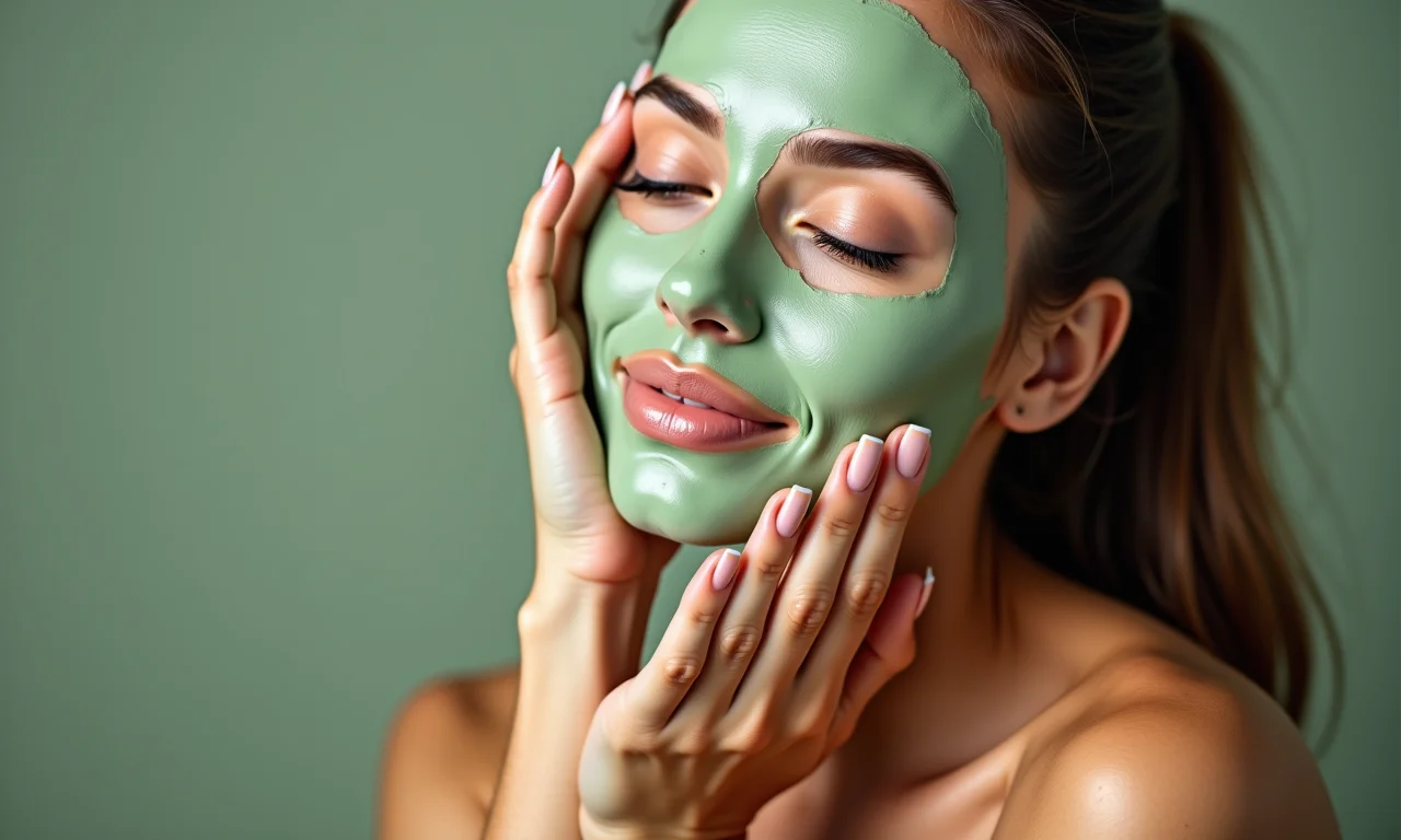 Mulher removendo máscara de argila verde do rosto, promovendo a limpeza profunda da pele.