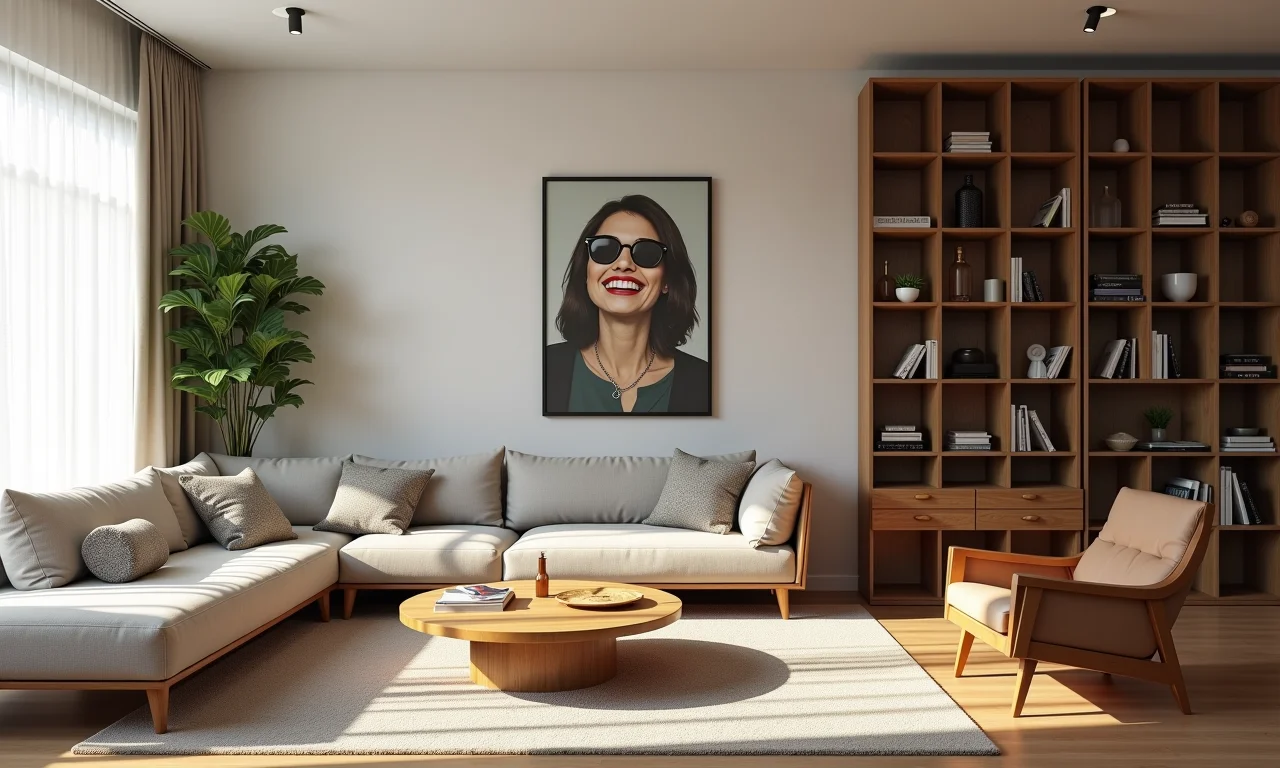 Mulher reorganizando móveis em sala de estar de conceito aberto, demonstrando flexibilidade do espaço.