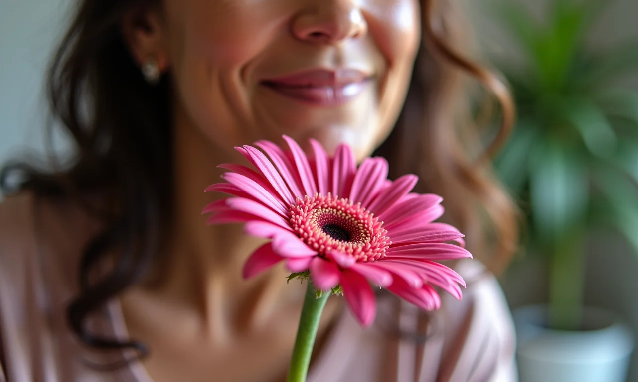 Mulher segurando uma gérbera rosa, expressando carinho e gratidão.