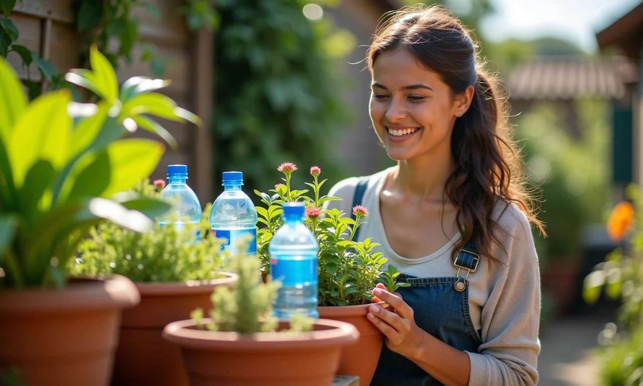 Mulher sorrindo ao lado de seu sistema de irrigação por gotejamento feito com garrafas PET.