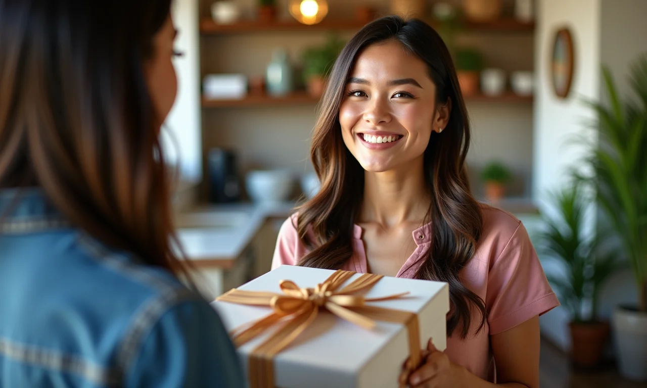 Mulher sorrindo ao receber caixa de presente personalizada de programa de fidelidade.