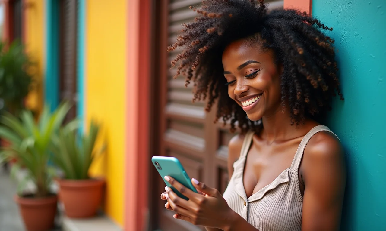 Mulher sorrindo ao usar o aplicativo MEI no celular.