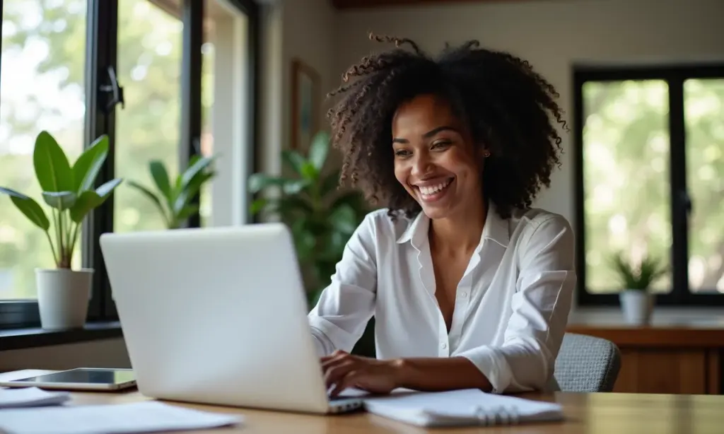 Mulher sorrindo atualiza dados MEI em laptop decorado em estilo Farm Rio.