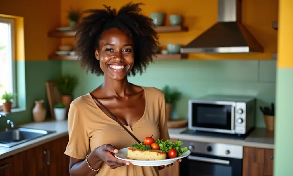 Mulher sorrindo com refeição de micro-ondas em cozinha colorida.