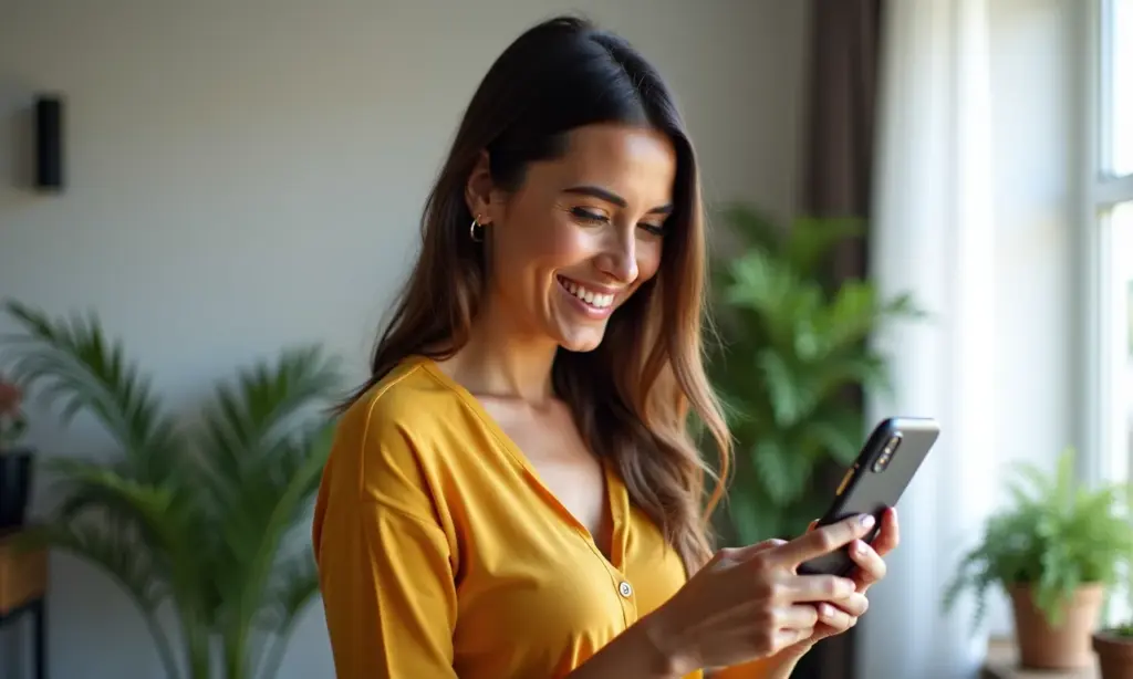 Mulher sorrindo, conferindo score de crédito no celular.