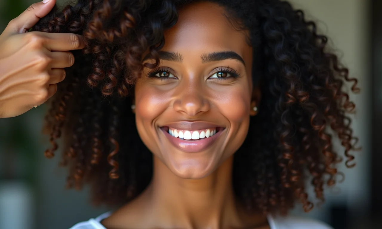 Mulher sorrindo durante corte bordado em salão de beleza com decoração brasileira.