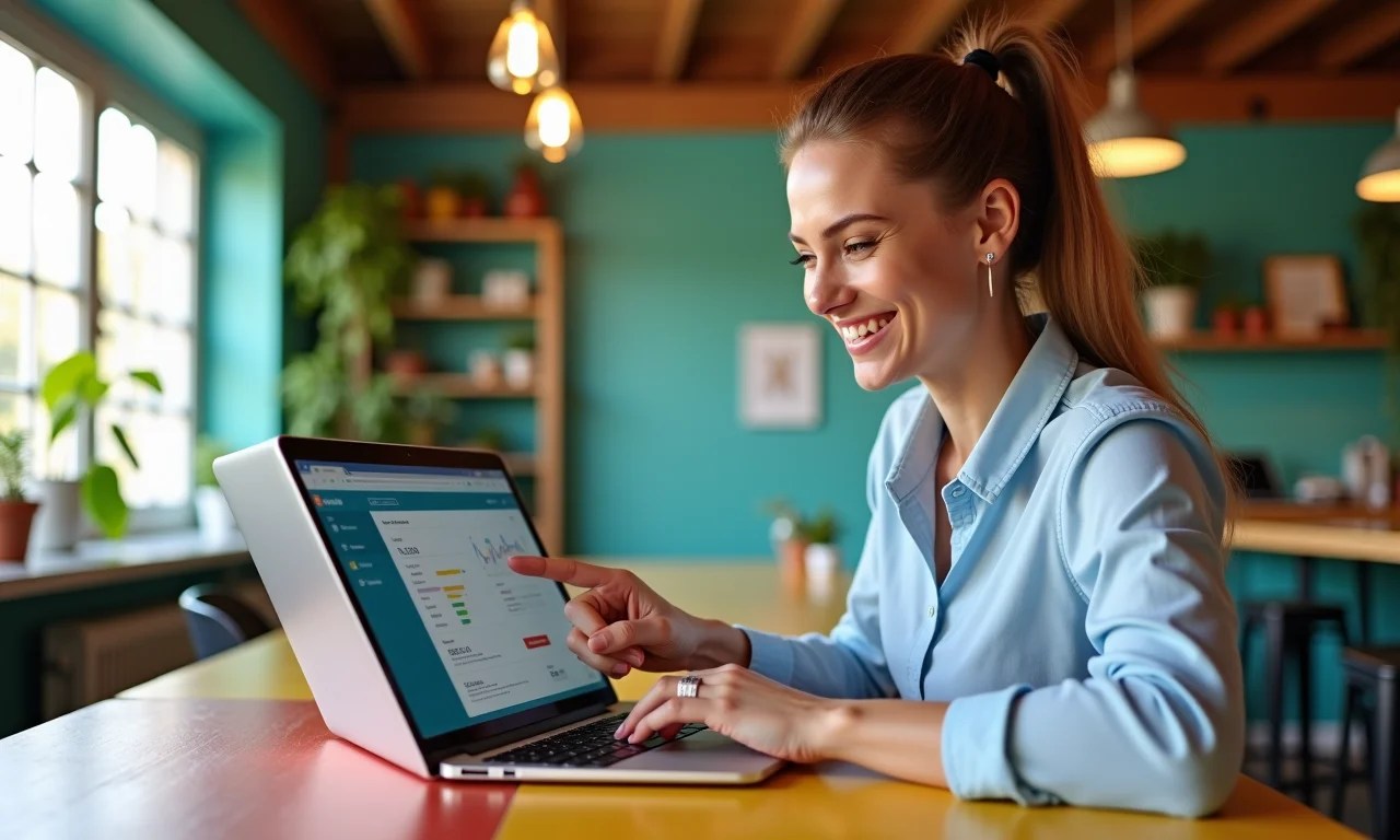 Mulher sorrindo e apontando para dados de leads em um laptop.