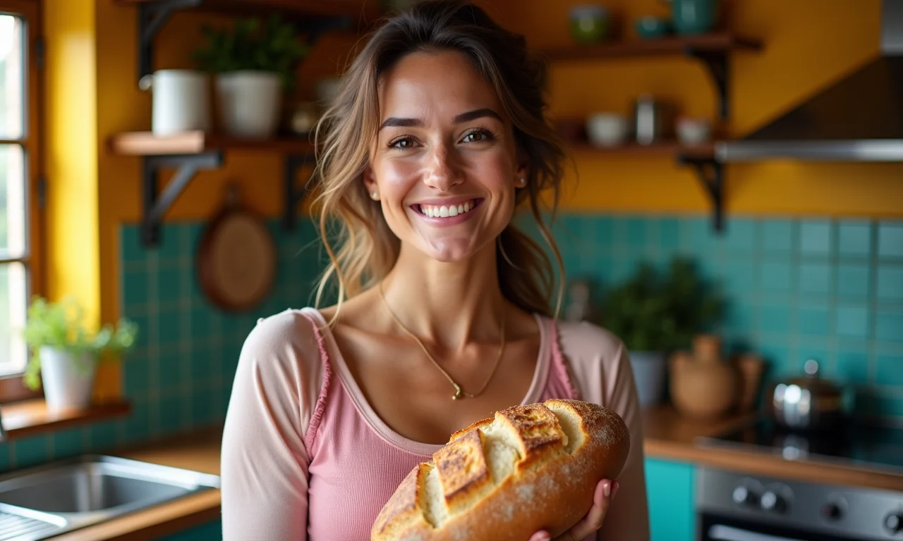 Mulher sorrindo em cozinha brasileira, segurando pão sem glúten, representando os benefícios da dieta.