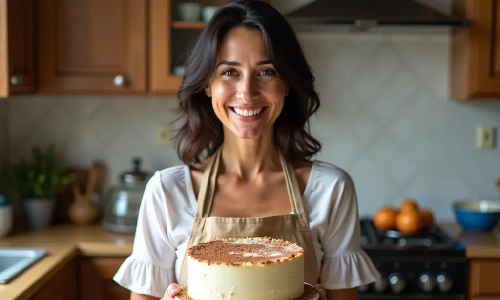 Mulher sorrindo em cozinha ensolarada preparando bolo caseiro.