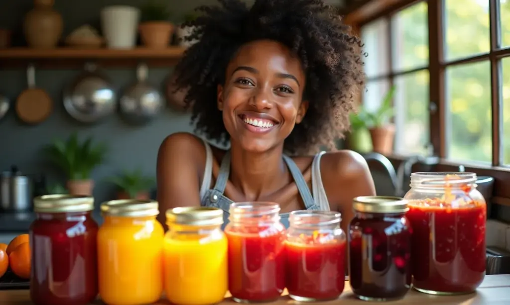 Mulher sorrindo em cozinha ensolarada, produzindo conservas e geleias caseiras.