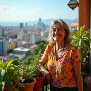 Mulher sorrindo em varanda ensolarada, representando independência financeira e vida de renda.