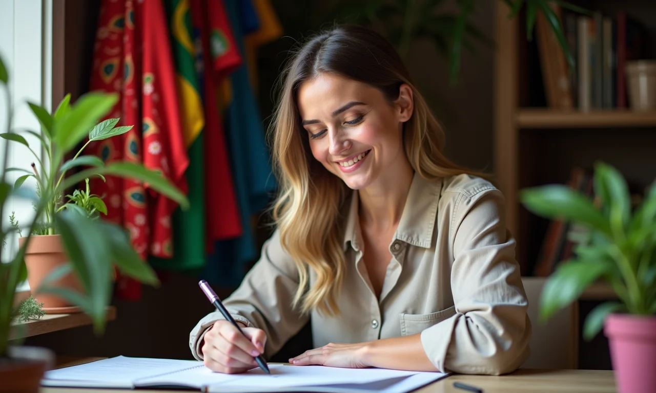 Mulher sorrindo enquanto completa frases sobre dinheiro em um caderno.