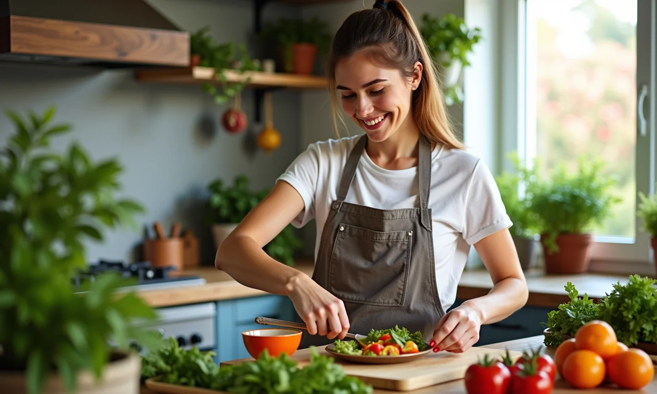 Mulher sorrindo enquanto prepara refeição saudável em cozinha ensolarada.