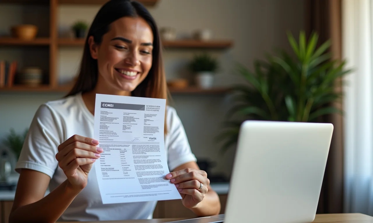 Mulher sorrindo, segurando o CCMEI impresso após a emissão.