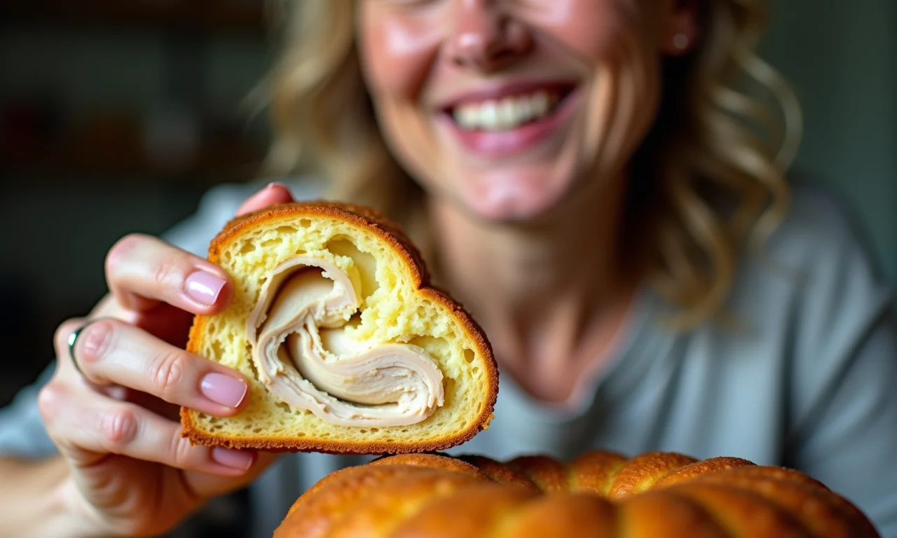 Mulher sorrindo servindo fatia de panetone salgado de frango com recheio cremoso.