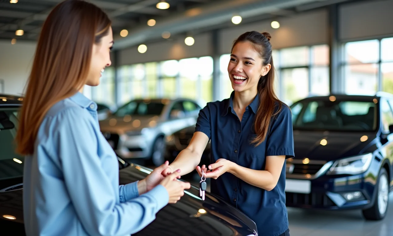Mulher trocando as chaves do carro em concessionária, mostrando a flexibilidade da assinatura.