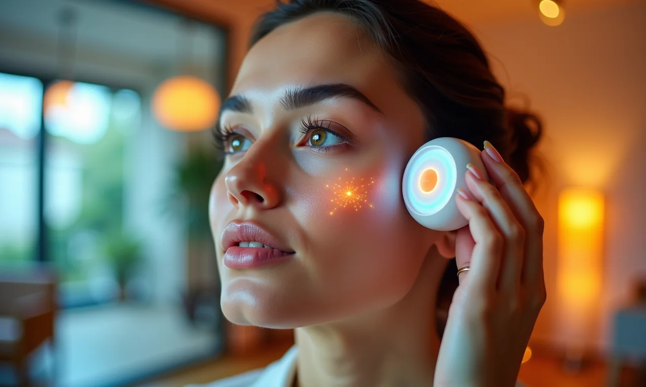 Mulher usando analisador de skincare com IA em apartamento brasileiro vibrante.