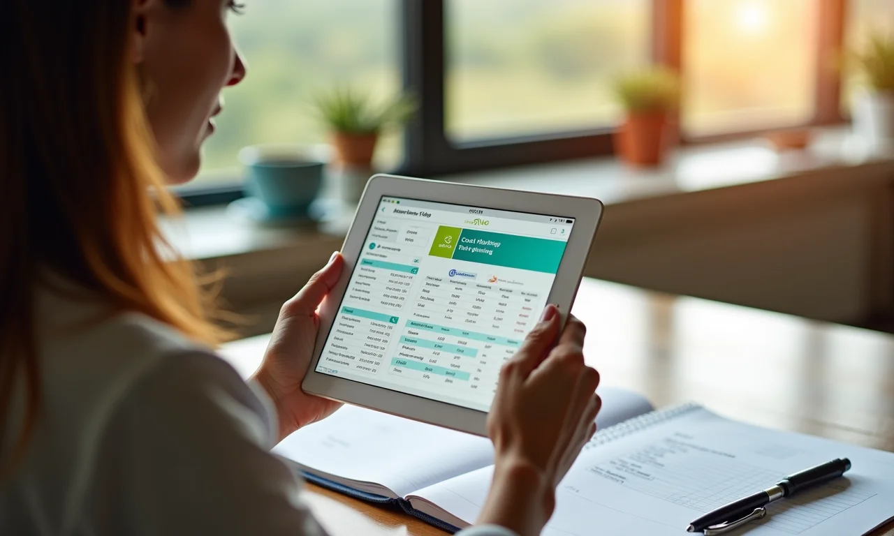 Mulher usando app de planejamento de custos MEI em tablet.