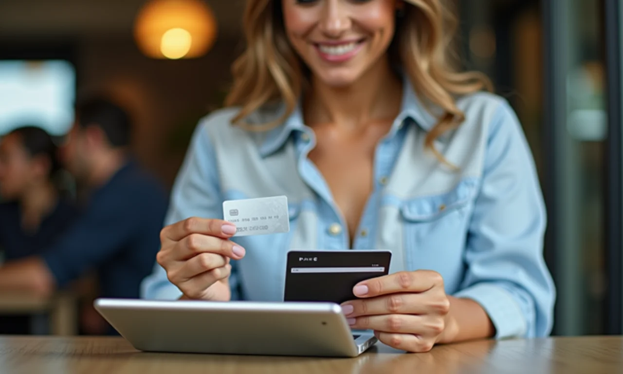 Mulher usando cartão de crédito conscientemente para compra online.