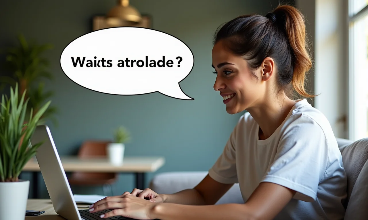 Mulher usando laptop com balão de fala mostrando palavras persuasivas.