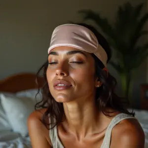 Mulher usando máscara de sono, pele radiante.