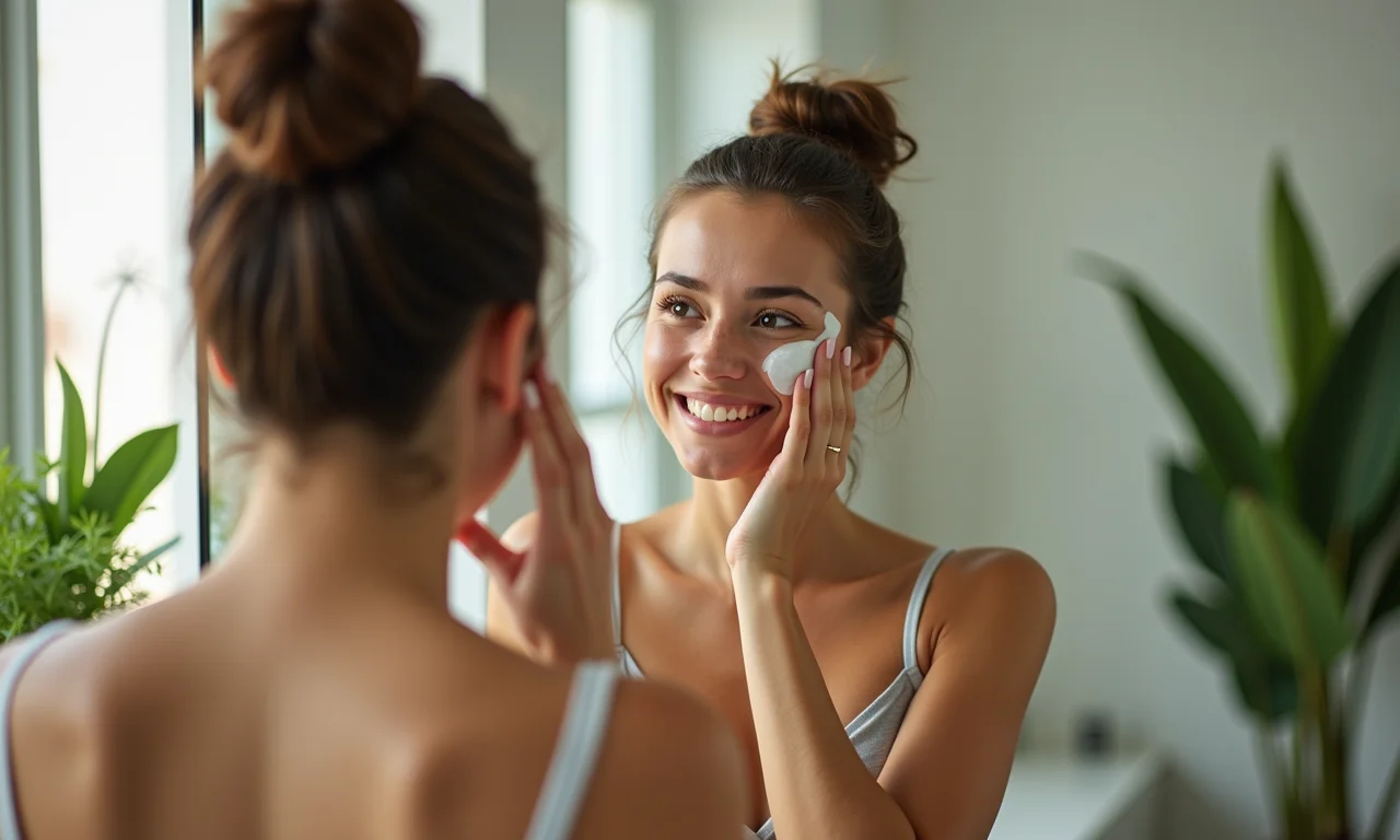 Mulher usando sérum de Niacinamida em banheiro com decoração vibrante.