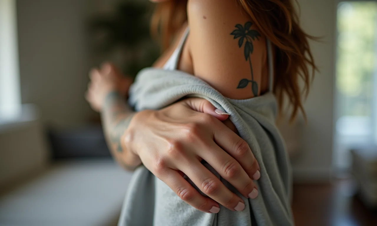 Mulher vestindo roupa confortável para evitar atrito em tatuagem no braço.