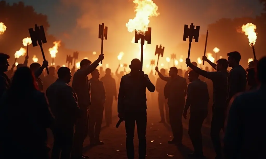 Cultura do Cancelamento: Justiça ou Linchamento Virtual? Multidão virtual atacando uma pessoa, simbolizando a cultura do cancelamento.