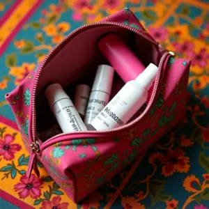 Nécessaire de viagem colorida com itens essenciais de beleza.