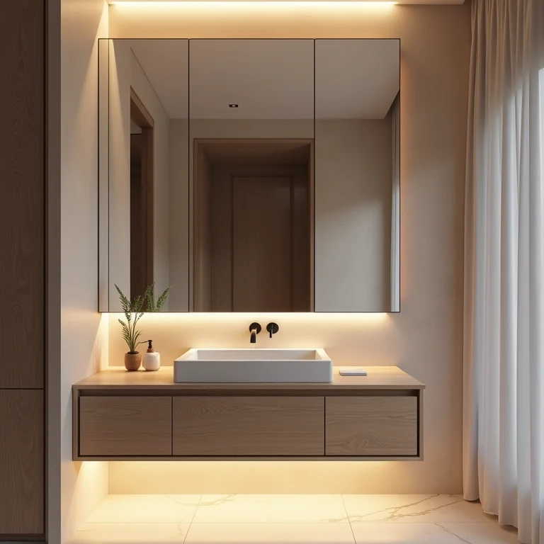 Nicho de banheiro com porta de espelho e armazenamento oculto